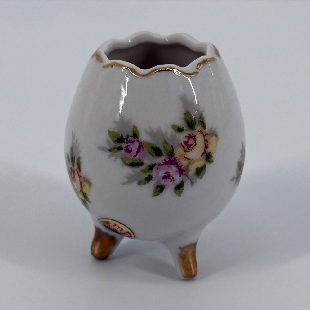 Vintage Enesco Japan Egg Shaped Mini Bud Vase Floral Porcelain Gold Trim